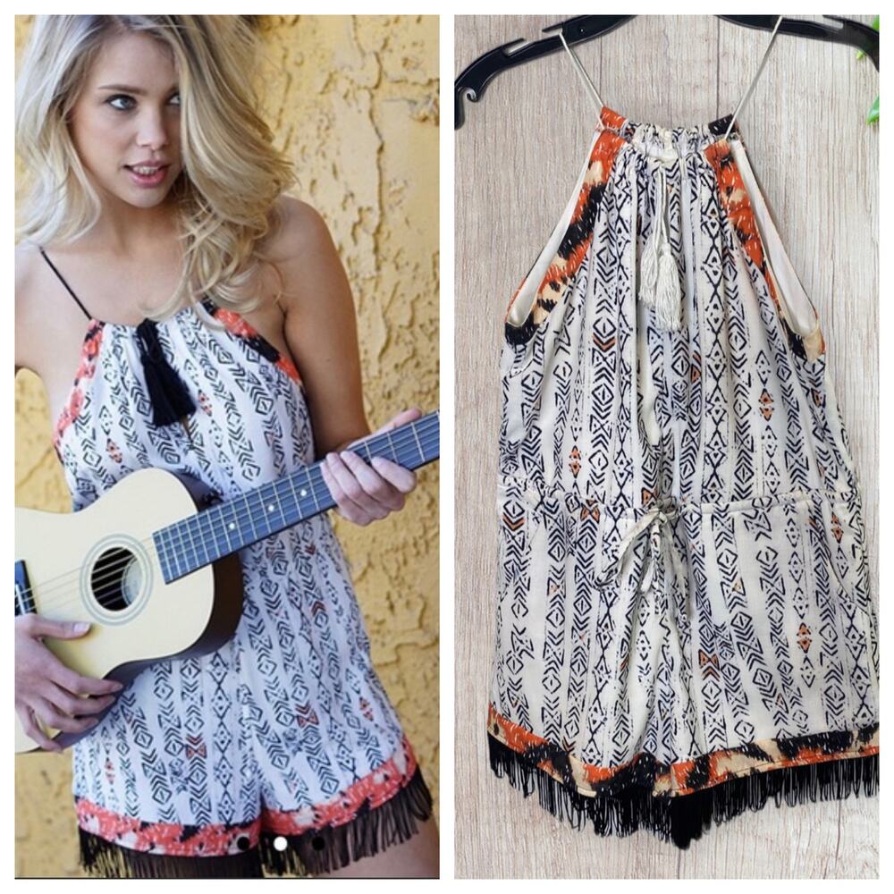 Tea & Cup romper with fringe accent